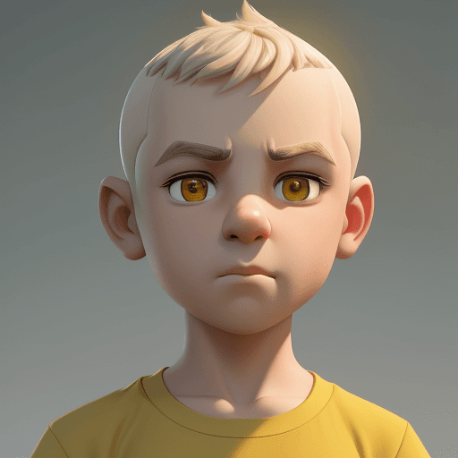 AI generated: a boy with short shaved hair and yellow shirt, in the style of rendered in cinema4d, charming charac...
