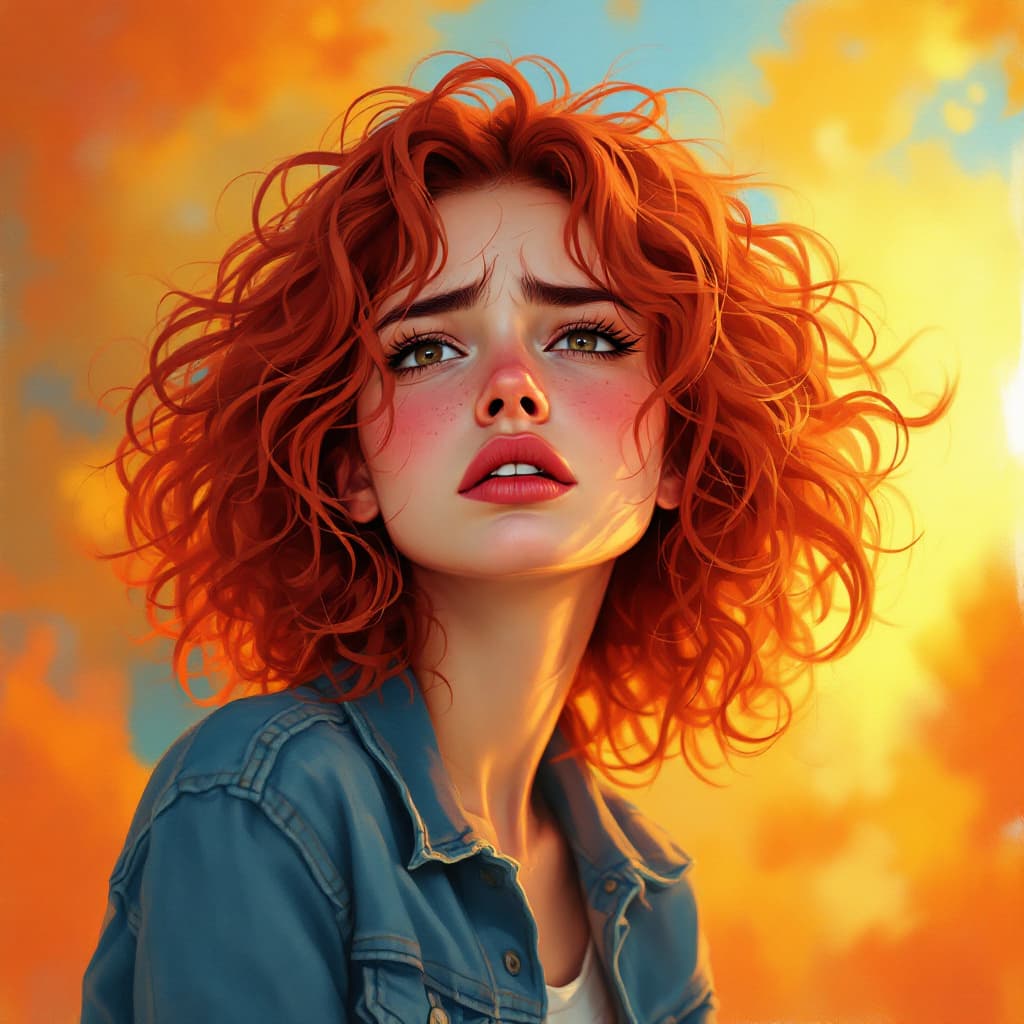 AI generated:  female, stylized illustration, curly red hair , wearing a denim jacket , same lethargic and unimpre...