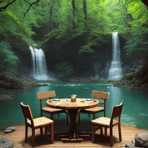 AI generated: wide meduim size with river with a waterfalls within a forest with ultra details hd high oak trees a...