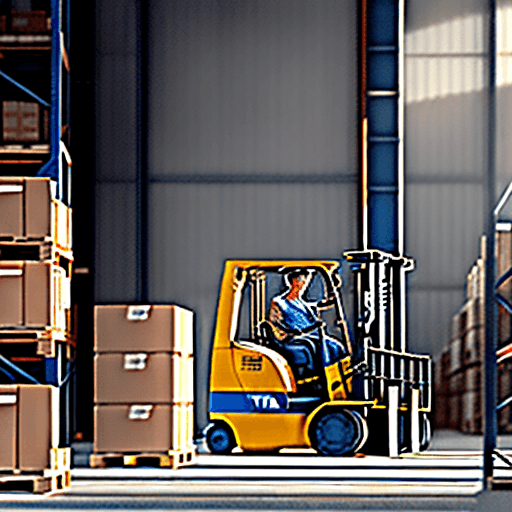 AI generated: The image depicts a warehouse from a distance, with multiple elevated racks filled with brown boxes ...