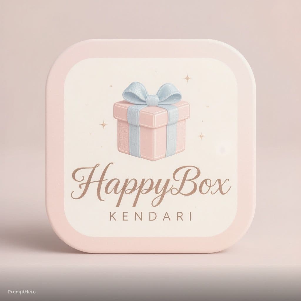 AI generated: Elegant aesthetic packaging logo sticker for "HappyBox Kendari". 

Design a soft pastel rounded squa...