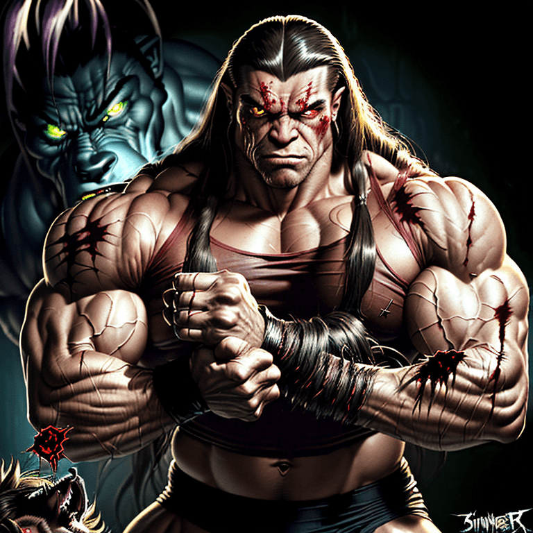 AI generated: portrait of a sinister muscular insane retrowave warrior, long retro hair, wrestling wearing a tight...