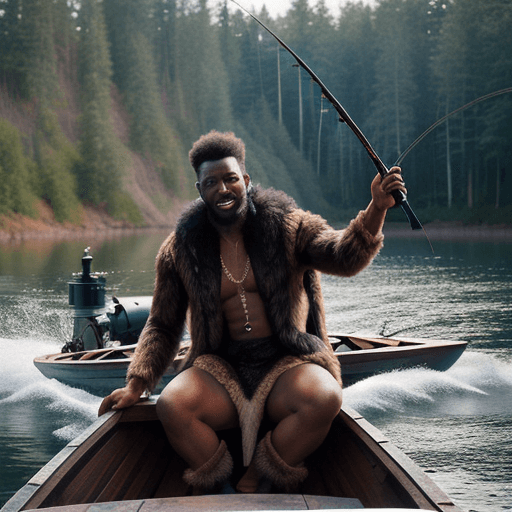 AI generated: Black man wearing wolf pelt inside a wooden boat fishing hyper-realistic image