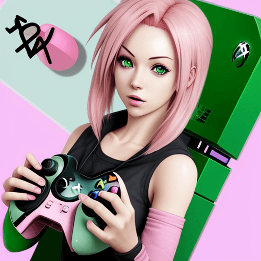AI generated: women(anime) with pink hair handing a joystick of xbox