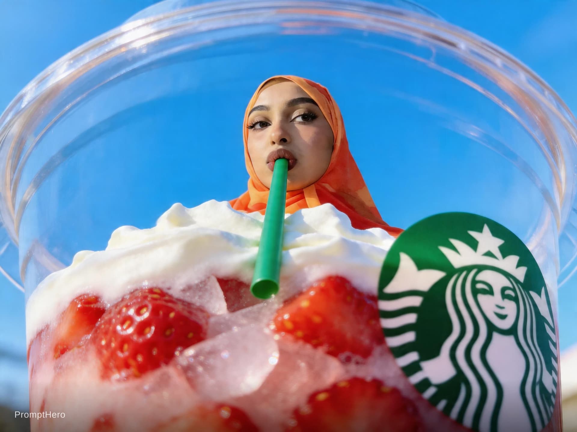 AI generated: {
  "prompt": "View from inside a Starbucks strawberry frappuccino cup looking up, fisheye lens extr...