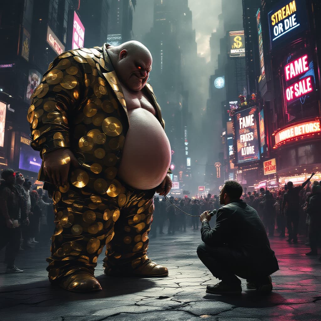 AI generated: A grotesquely obese, monstrous music industry executive stands in a dark, dystopian cityscape, his s...