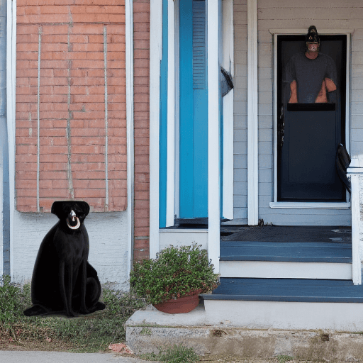 AI generated: Hyper realistic really heavy black suit case on a blue house down the block, on the porch - with a d...