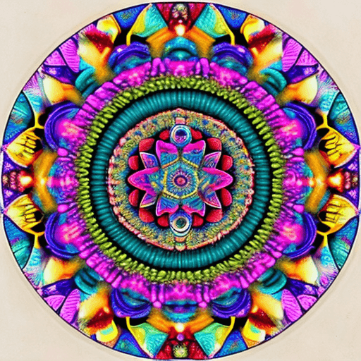 AI generated: mandala con colores vividos, con formas en su interior tipo fractal sin ángulos, de diversos colores...