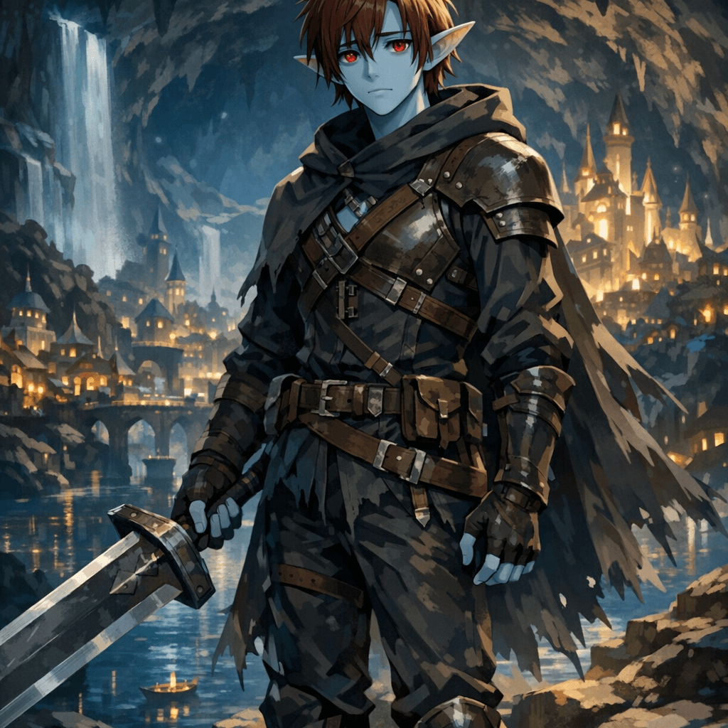 AI generated: A 25 years old  elf boy with light bluish skin and deep redeyes. he has reddish-brown hairs. He wear...