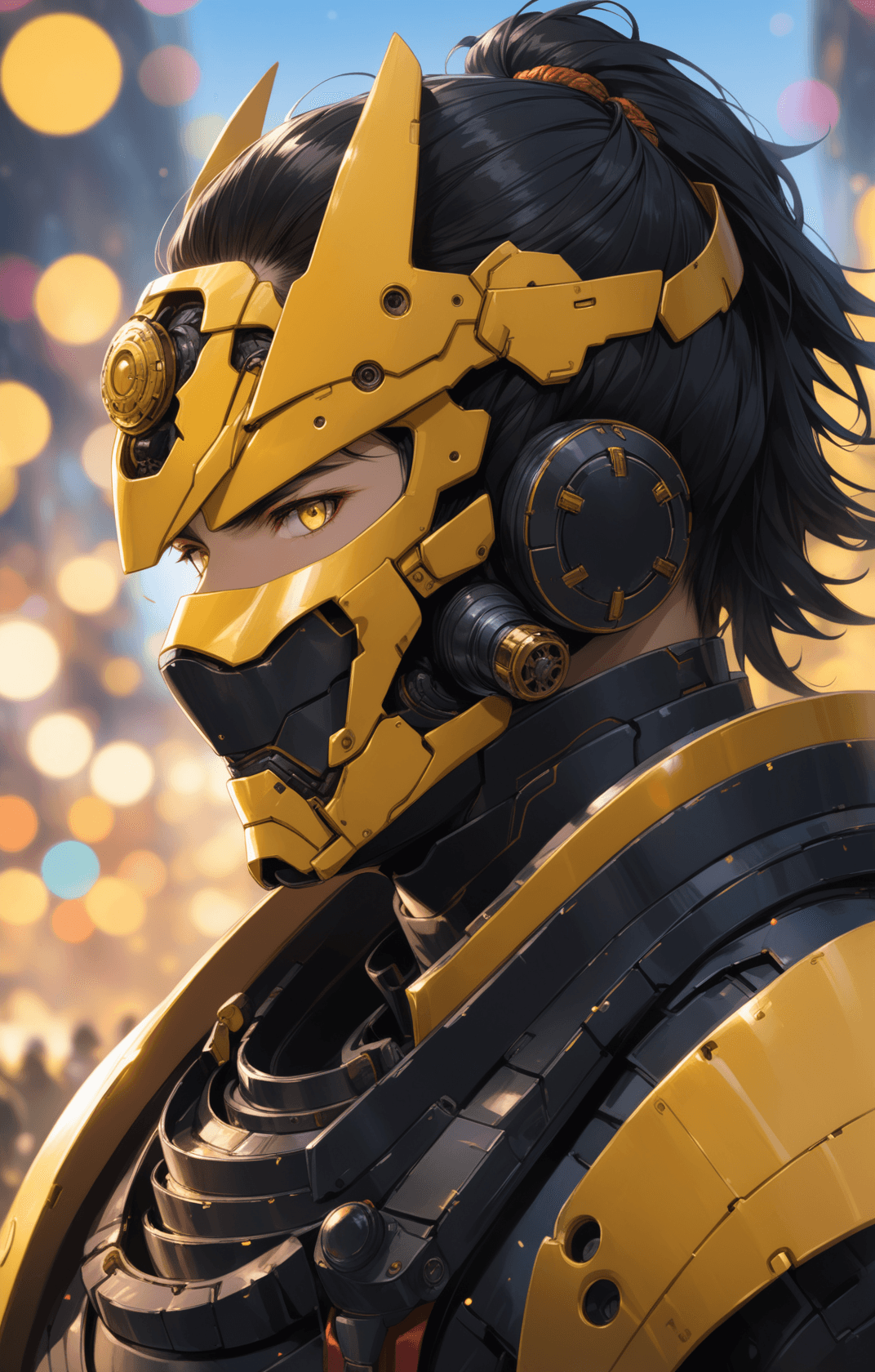 AI generated: 1boy, mechanical samurai suit, samurai face cover, upper body, portrait, black yellow armor, black s...