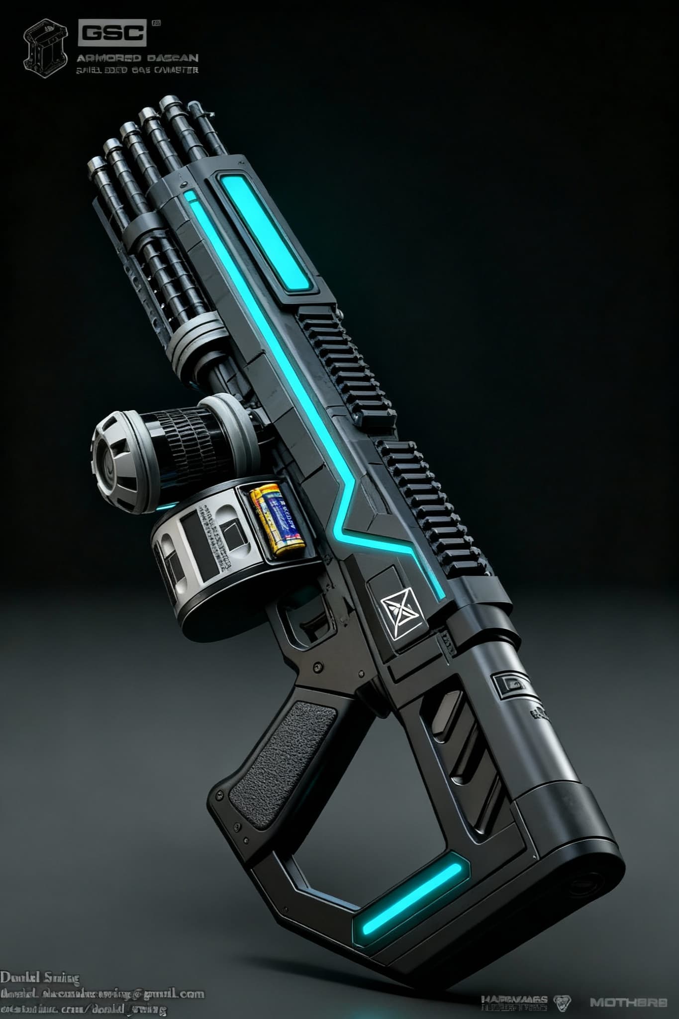 AI generated: Using the images as a reference, design and create a fictional, bulky barrel design alien space Hand...