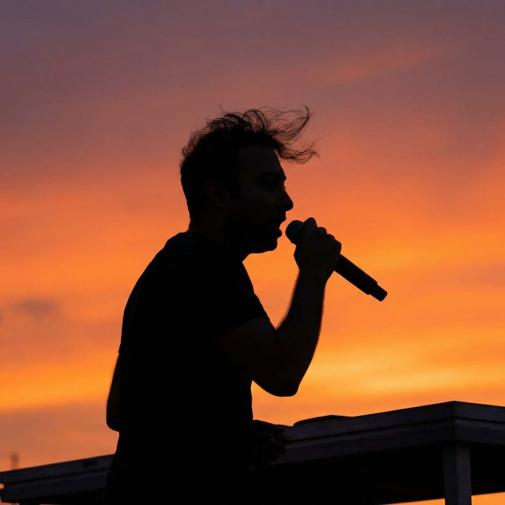 AI generated: Singer's silhouette against dramatic sunset sky, hair blowing, holding mic. Standing on elevated pla...