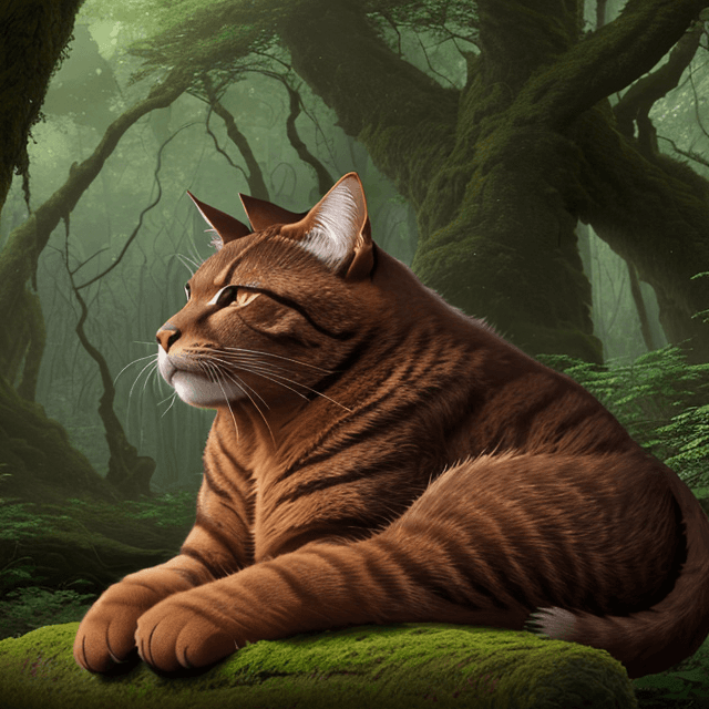 AI generated: side view of a nice, wise, giant brown cat resting in a prehistoric forest,  side view, 8k