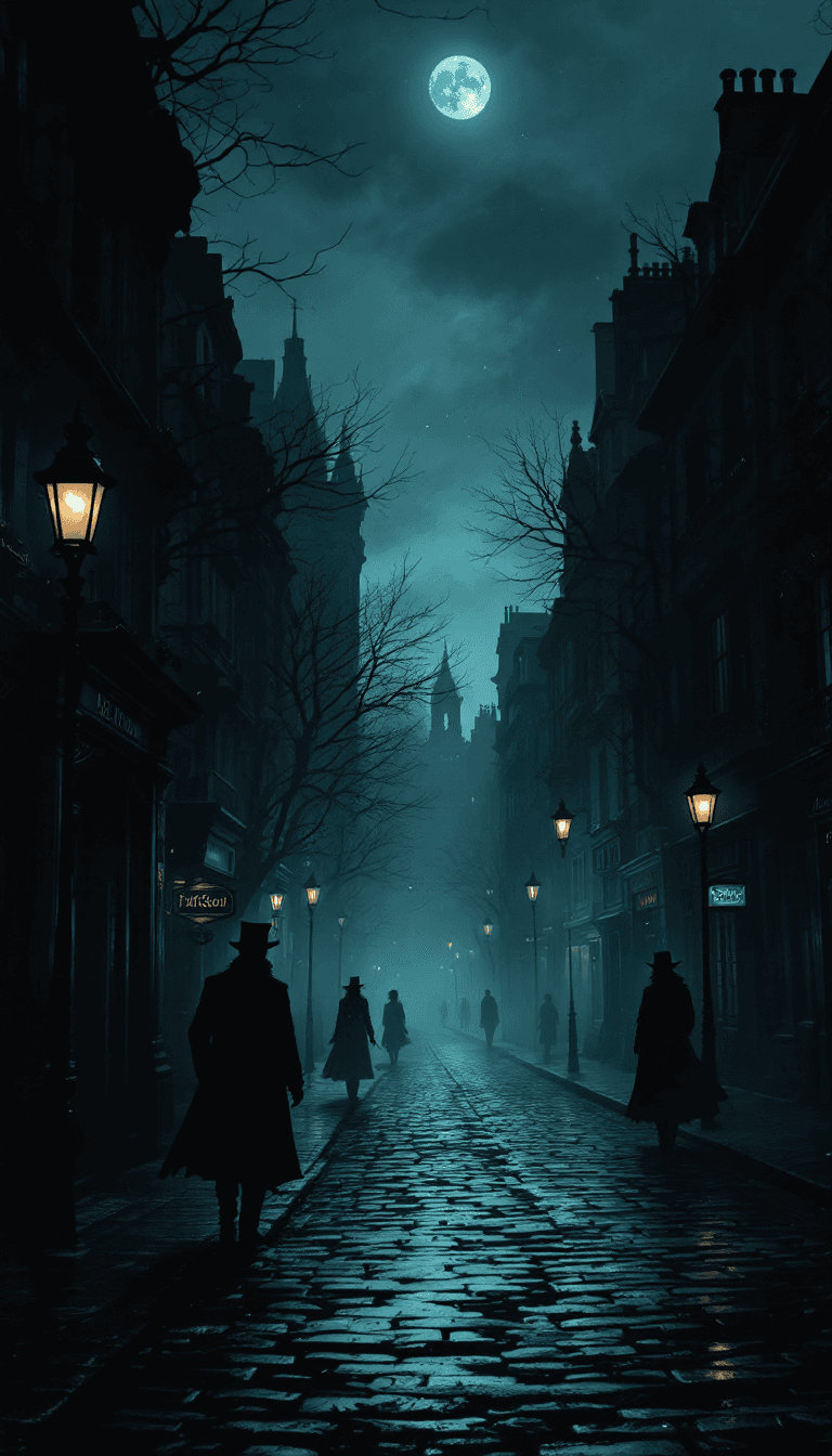AI generated: A Victorian, dark and misty Parisian street at night, with a faint light from a gas lamp, in a Penny...
