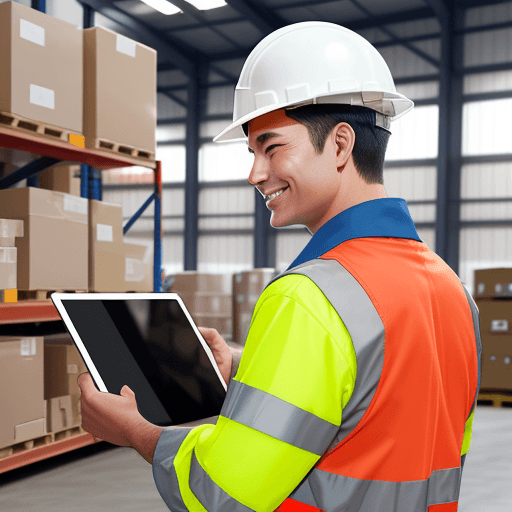 AI generated: Professional manager man employee smile using tablet check stock working at warehouse. Worker wearin...