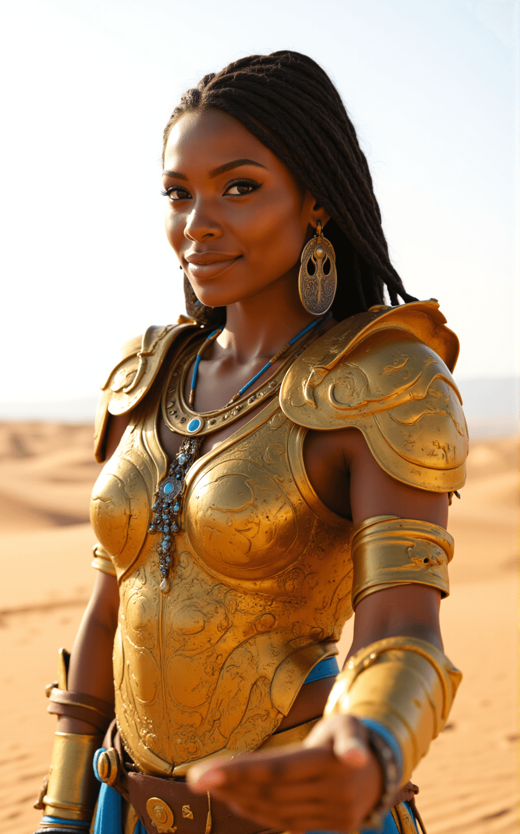 AI generated: In the vast expanse of a sun-drenched desert, a fierce and confident Black warrior woman stands tall...