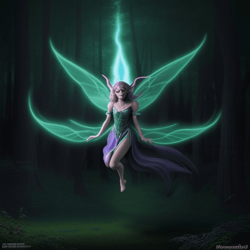 AI generated: Beautiful fairy-elf-hybrid wizard flying, dark forest background, high octane cartoon render, full b...