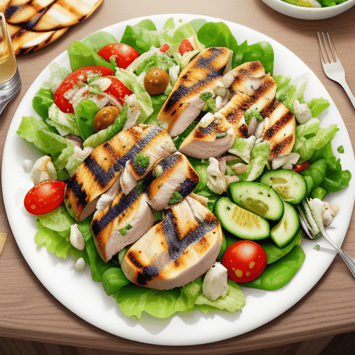 AI generated: Create a plate with grilled golden chicken salad, include on the plate, lettuce, tomato, cucumber an...