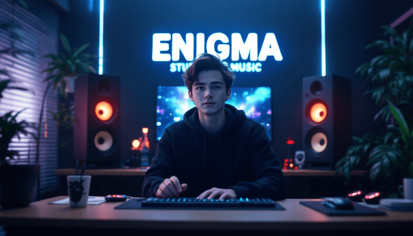 AI generated: Create an anime-style young man facing in front. He is a YouTube content creator sitting at a modern...