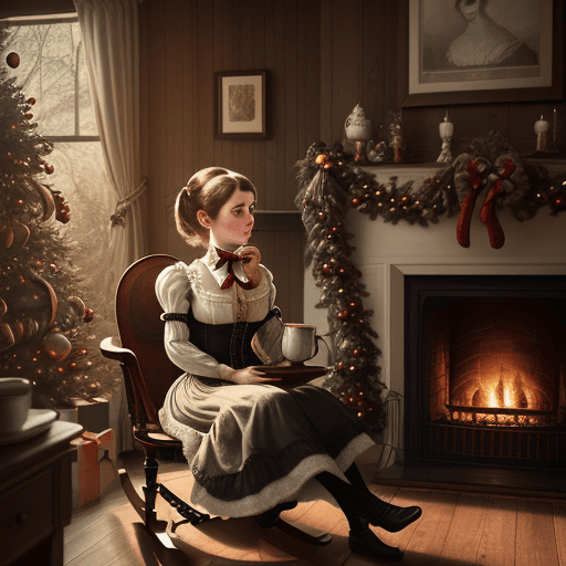 AI generated: Hyper realistic victorian girl of a mid century with a cup of hot coffee, in front of a wooden table...