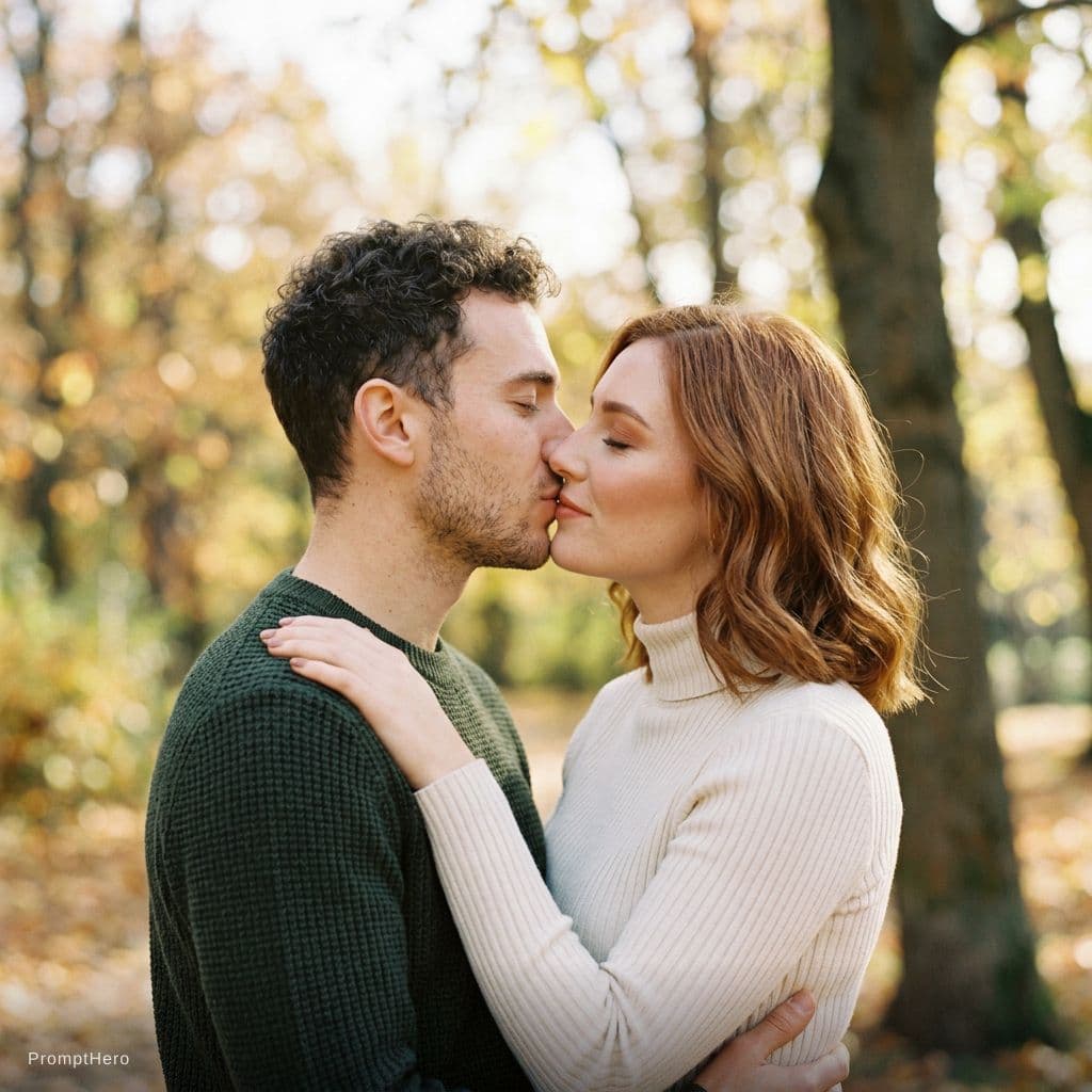 AI generated: kiss together and face not change not change 