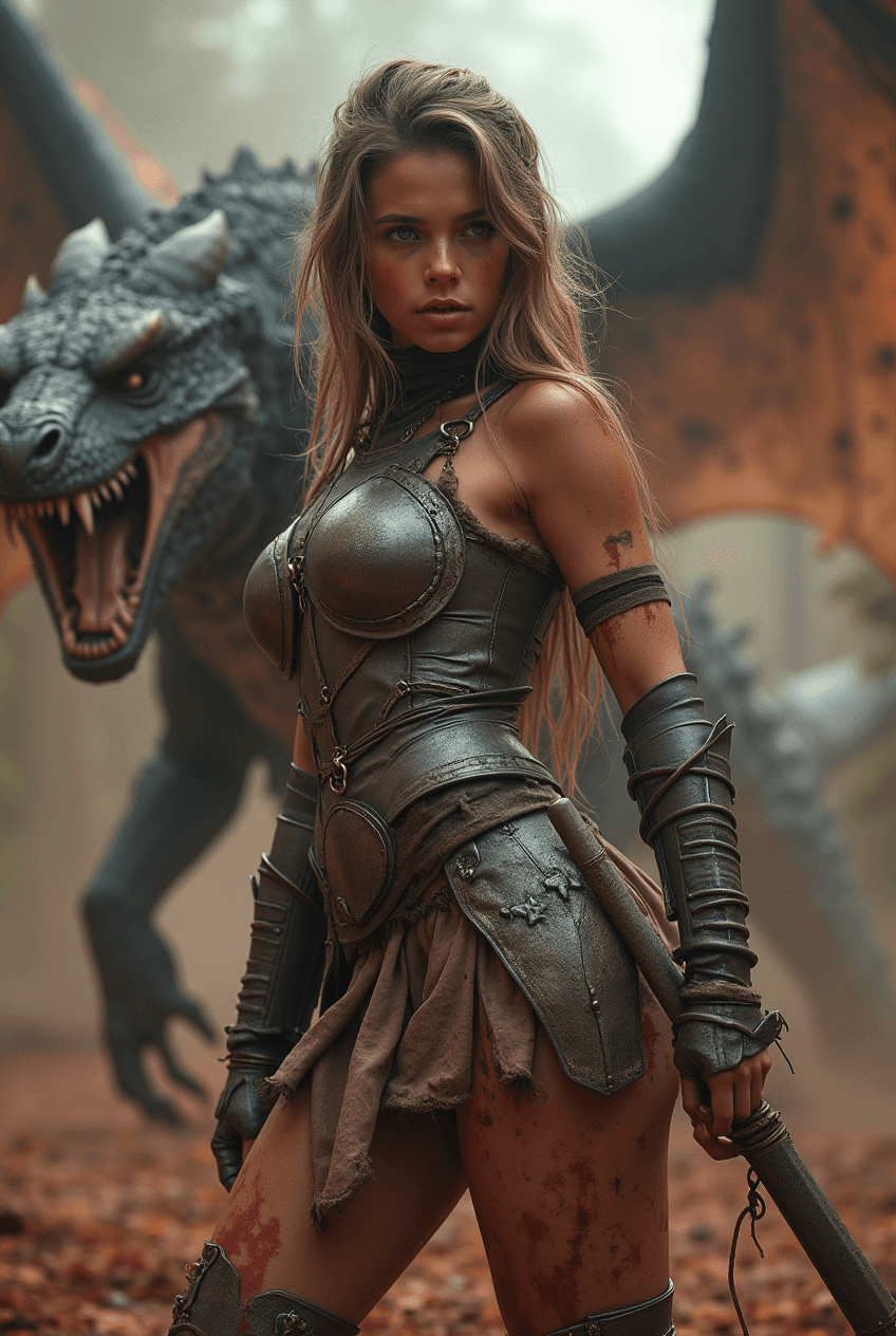AI generated: beautiful preteen in metallic bodyarmour ,,fighting against monsters,an epic dragon in background,ic...