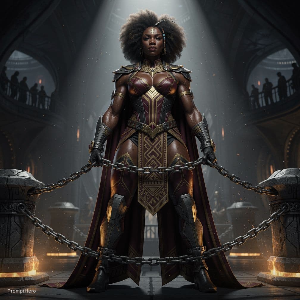AI generated: Cinematic style. NSFW. Full body image of African superheroine. Very tall. Incredibly muscular. Beau...