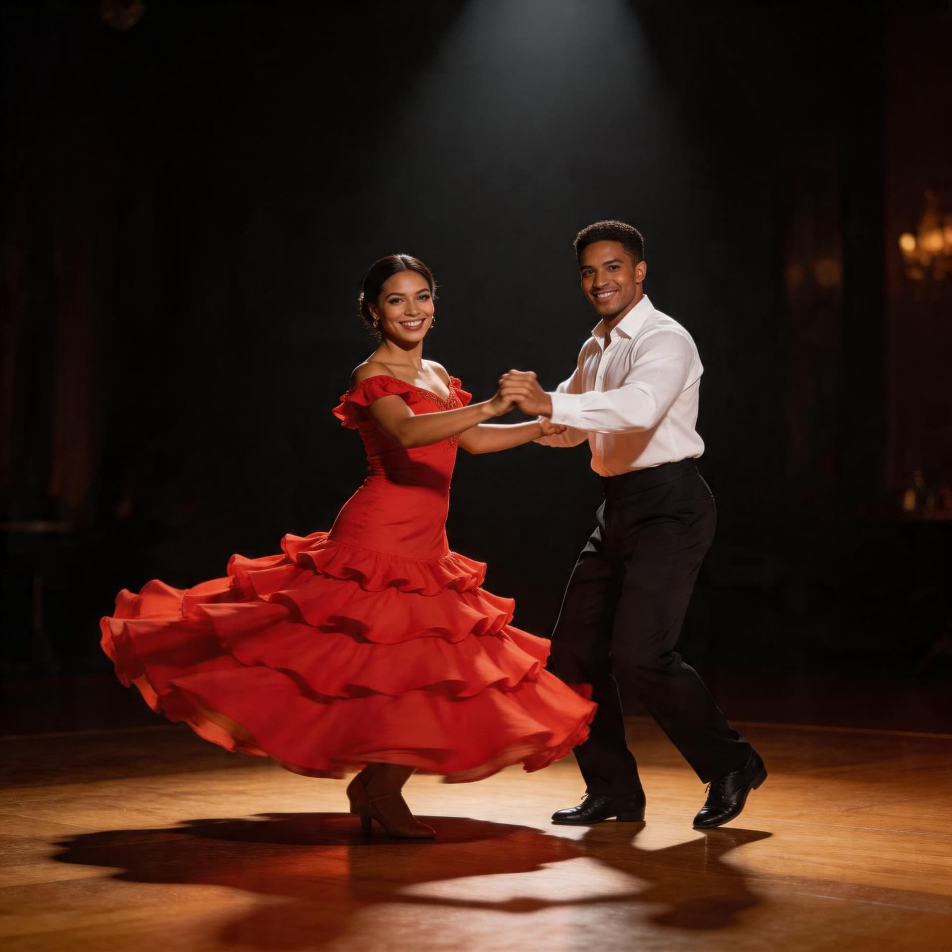 AI generated: A dark-brown-skinned couple dressed in traditional salsa outfits twirl on the dance floor. Dramatic ...