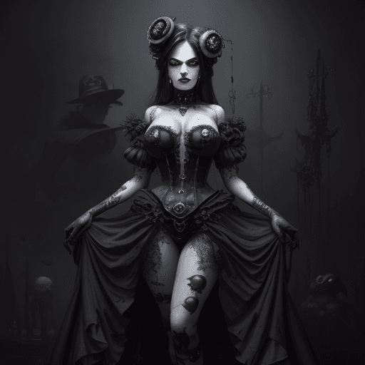 AI generated: Full height photoshoot of fem fatale gloomy and villain, centered portrait, Particles even not exist...