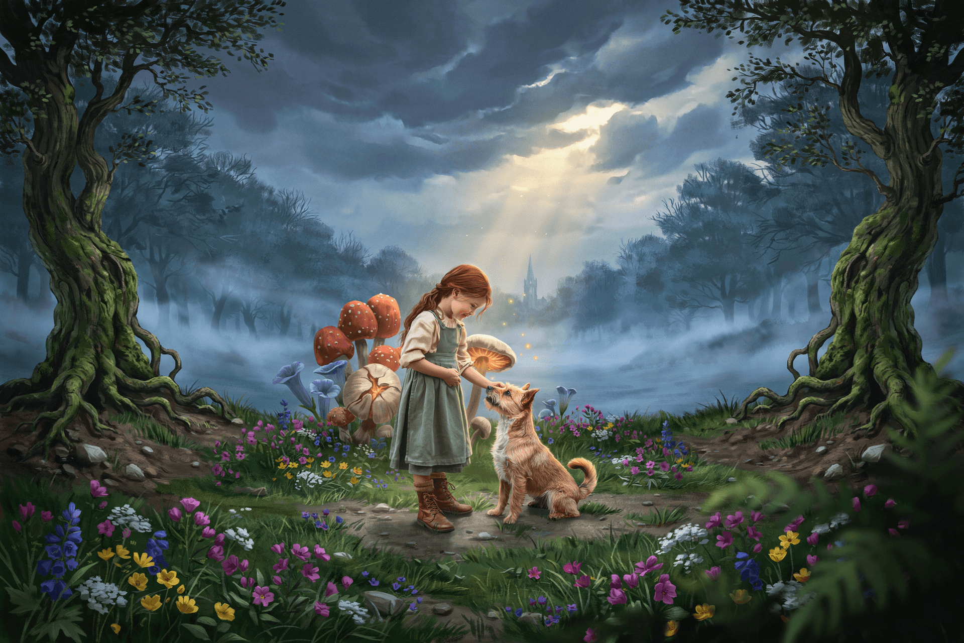 AI generated: landscape in Brittany, with a young girl and her dog surrounded by trees, flowers, strange mushrooms...
