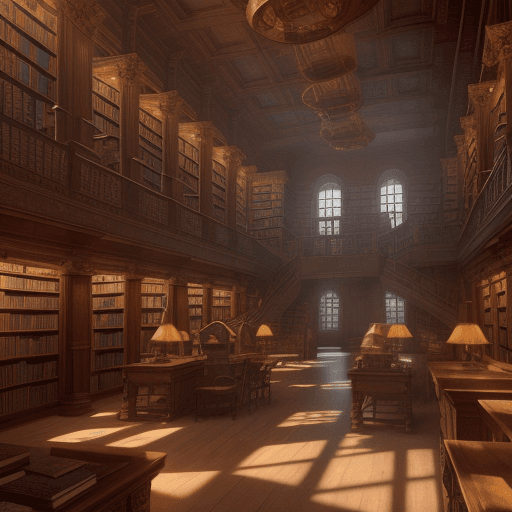 AI generated: library interior, a photorealistic magical ancient library from a distance universe 4k book, :: --ar...