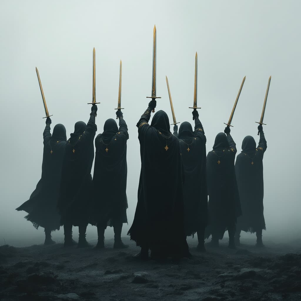 AI generated: In the fog stand seven swordsmen in black mantles with golden ornaments, their golden swords raised ...