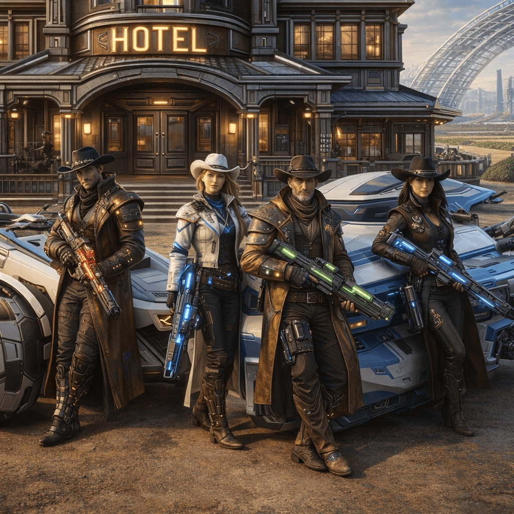 AI generated: Create an image of four futuristic, but different-looking, Human Cowboys and Cowgirls, posing comfor...