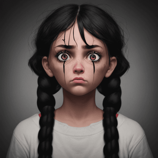 AI generated: Sad girl with black ropes in her eyes, black ropes coming out from her eyes