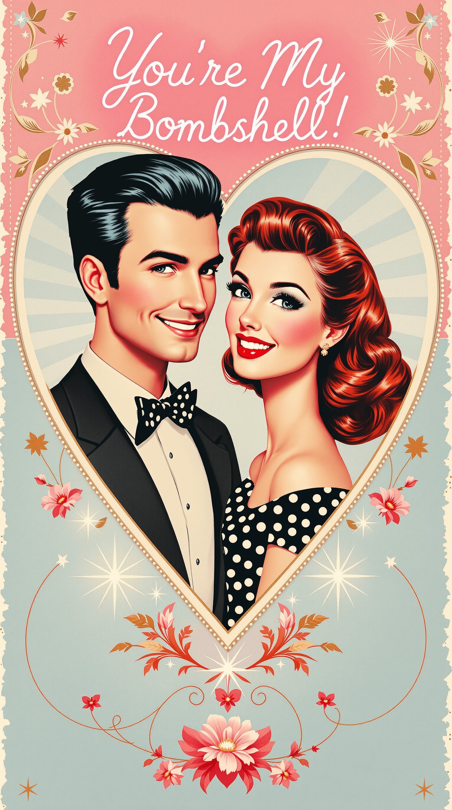 AI generated: A vintage 1950s-inspired Valentine’s Day card with mid-century charm. The design features a heart-sh...
