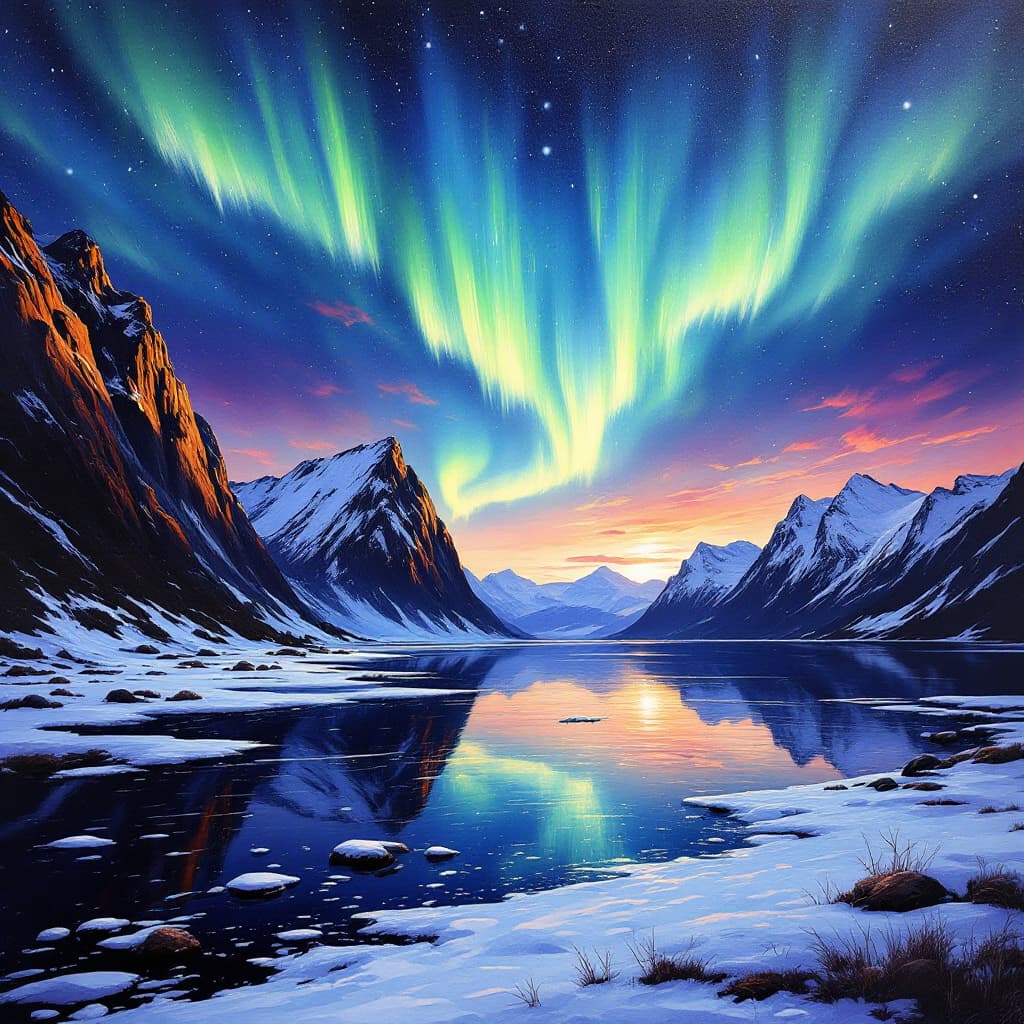 AI generated: encaustic painting, norwegian fjords landscape with northern lights in the sky putting on a spectacu...