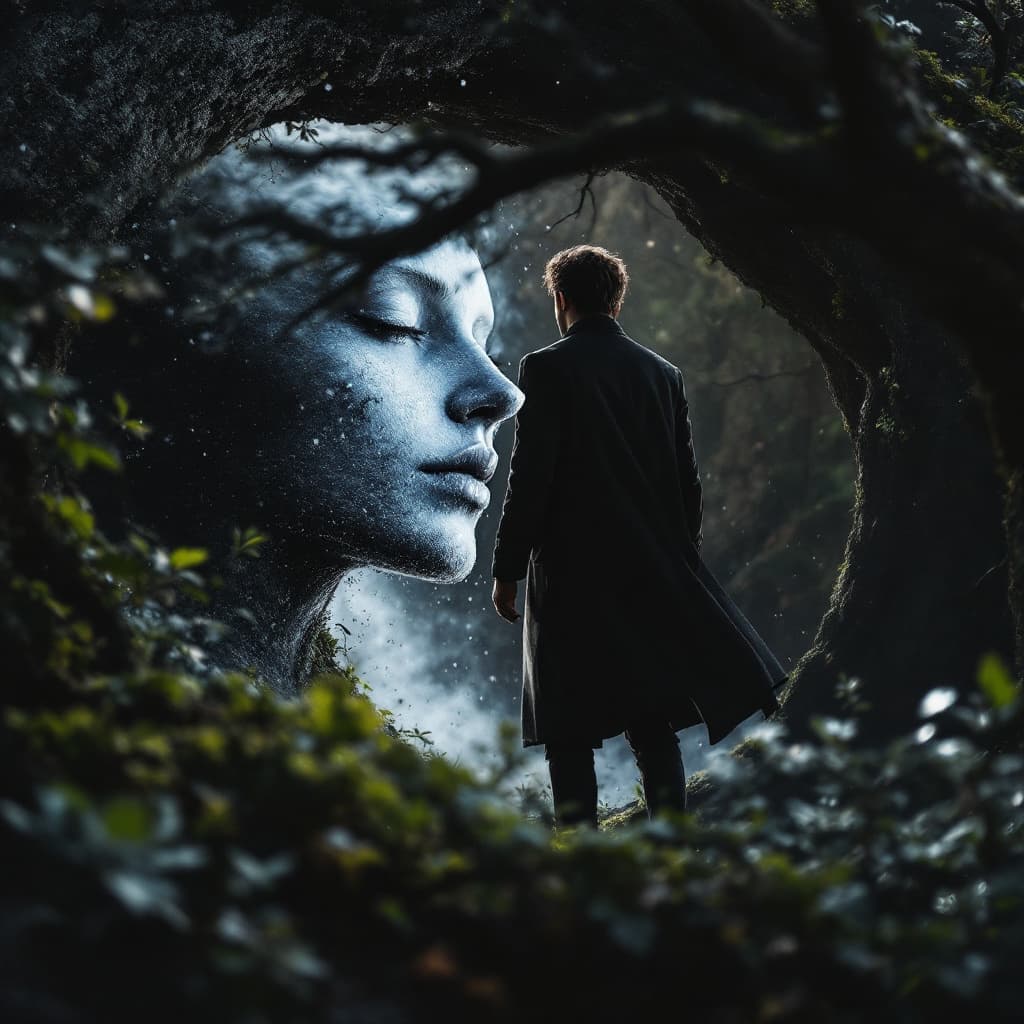 AI generated: Créer la moitié d un homme a genou , se dissolvant et s'efface au vent,il est face a une très belle ...