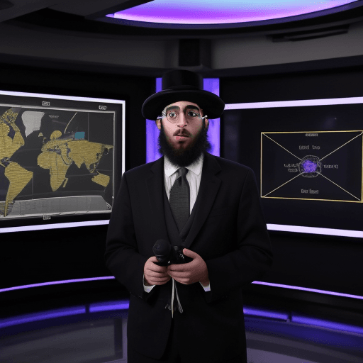 AI generated: Jewish Hasidic male news reporter, he's standing in the news studio, there's a projector behind him ...