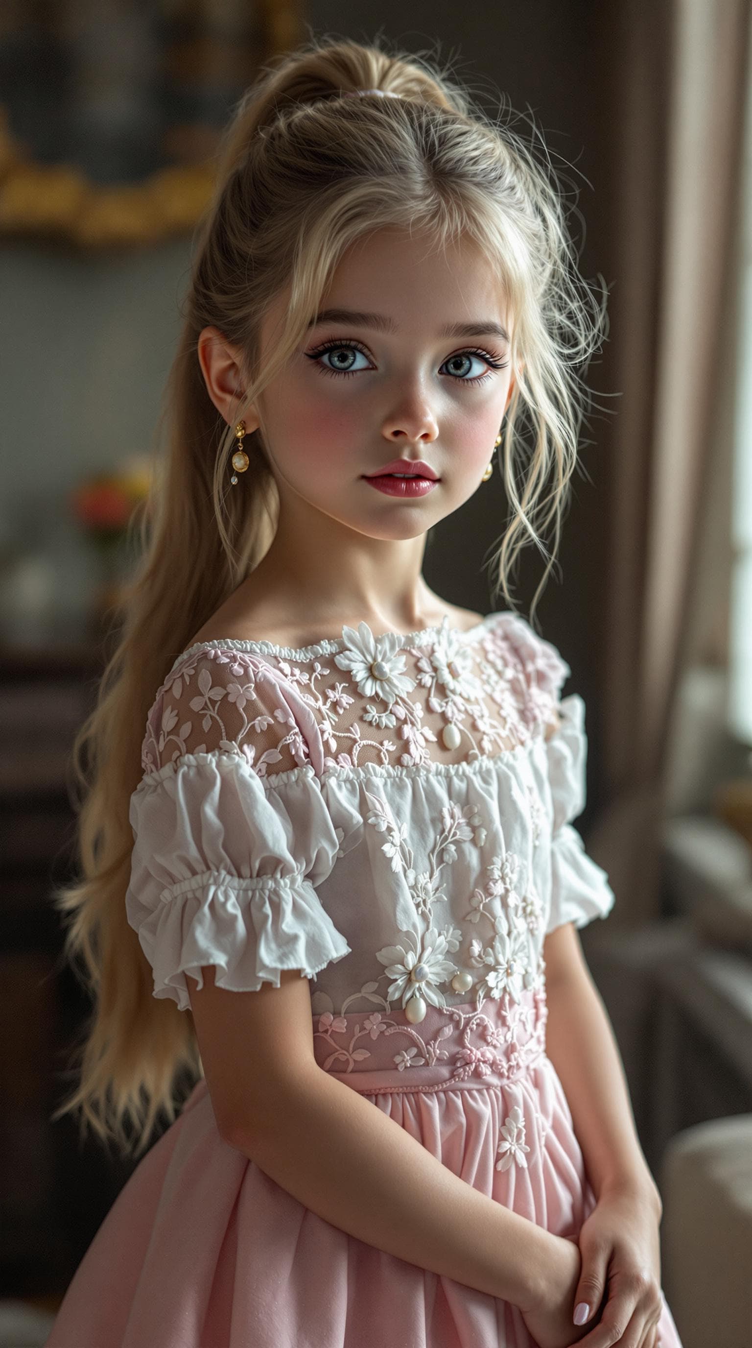 AI generated: a professional photo of a exceptionally beautiful girl in the world (age 7), (seven year old), highl...