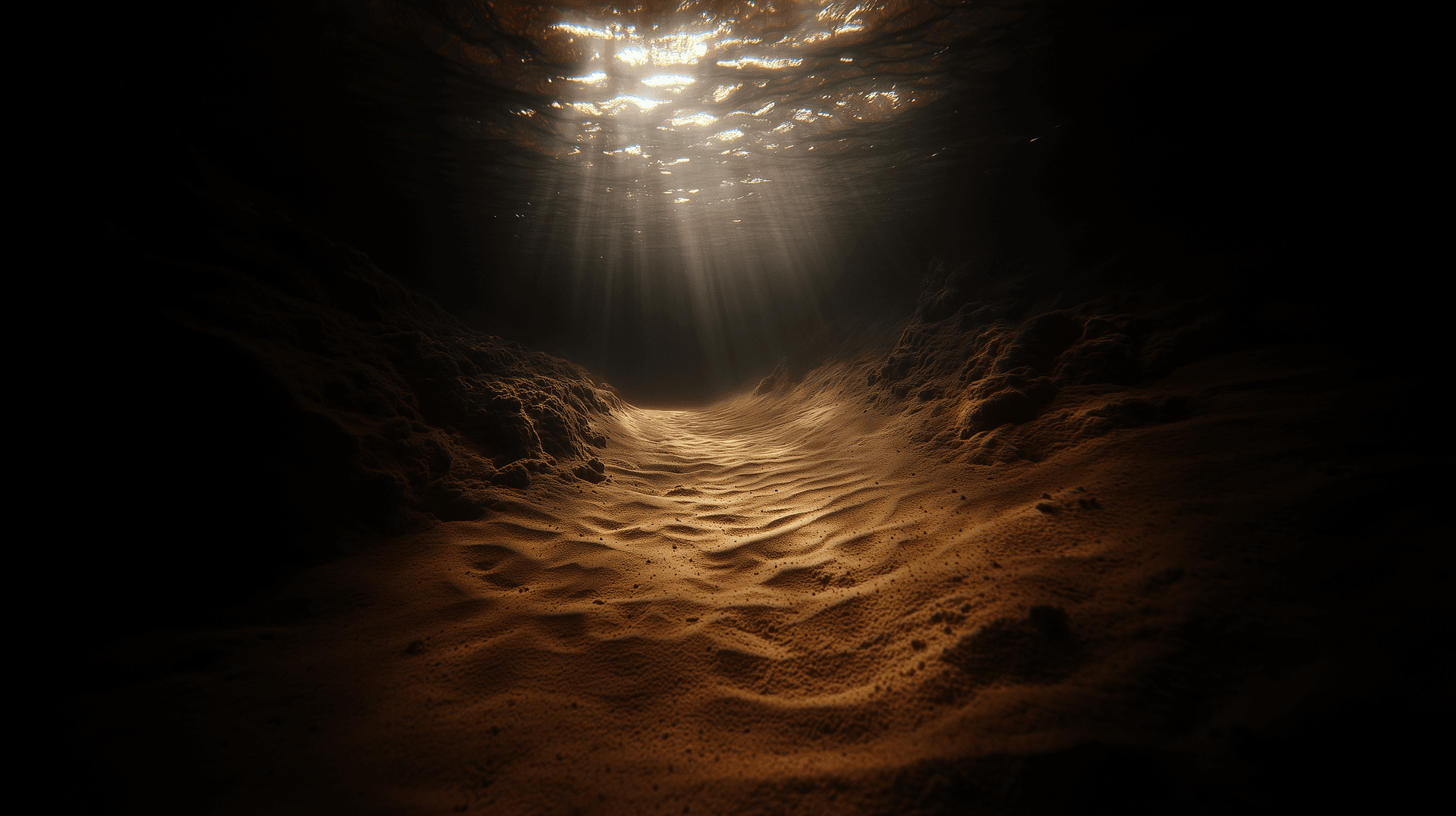 AI generated: An ocean floor covered in sand, the bottom of an underwater canyon, darkness and light, dark tones, ...