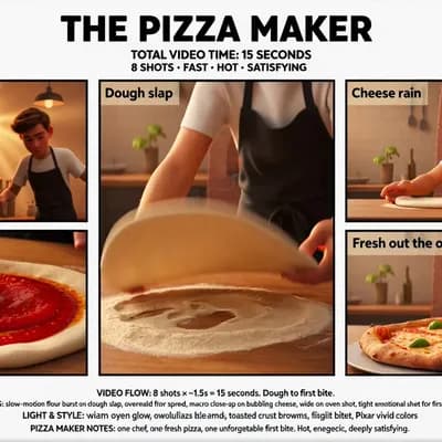 AI generated video: Create a crisp, clean infographic storyboard poster for THE PIZZA MAKER. Wide 16:9 layout, white bac...