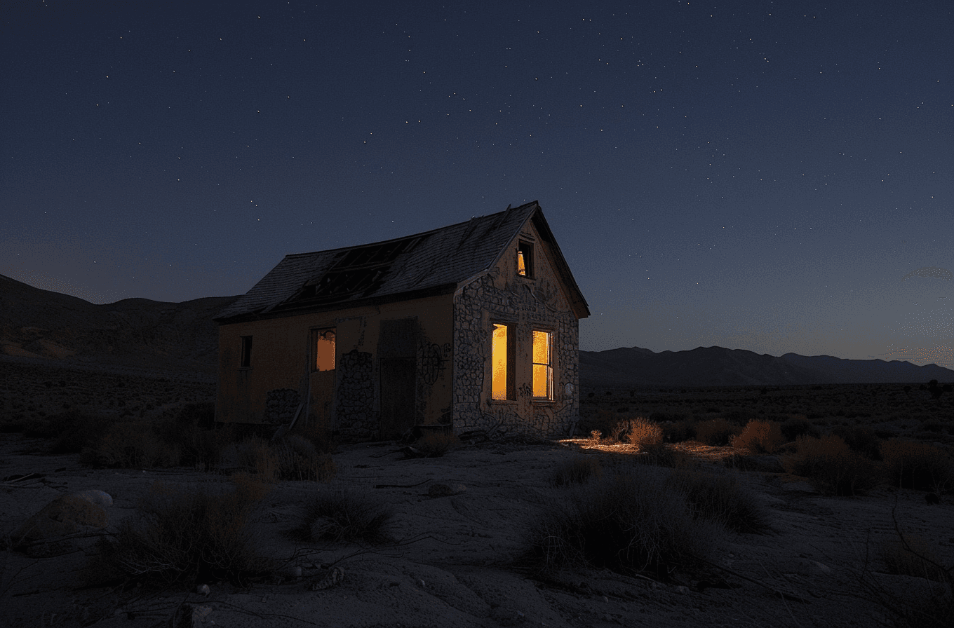 AI generated: A lone, abandoned house in the desert at night with light from an open window shining on its exterio...