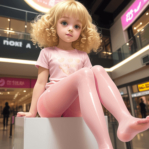 AI generated: cute little girl, blonde curly hairs, cute shirt, tight shirt, pink glossy pantyhose, warm lights, s...