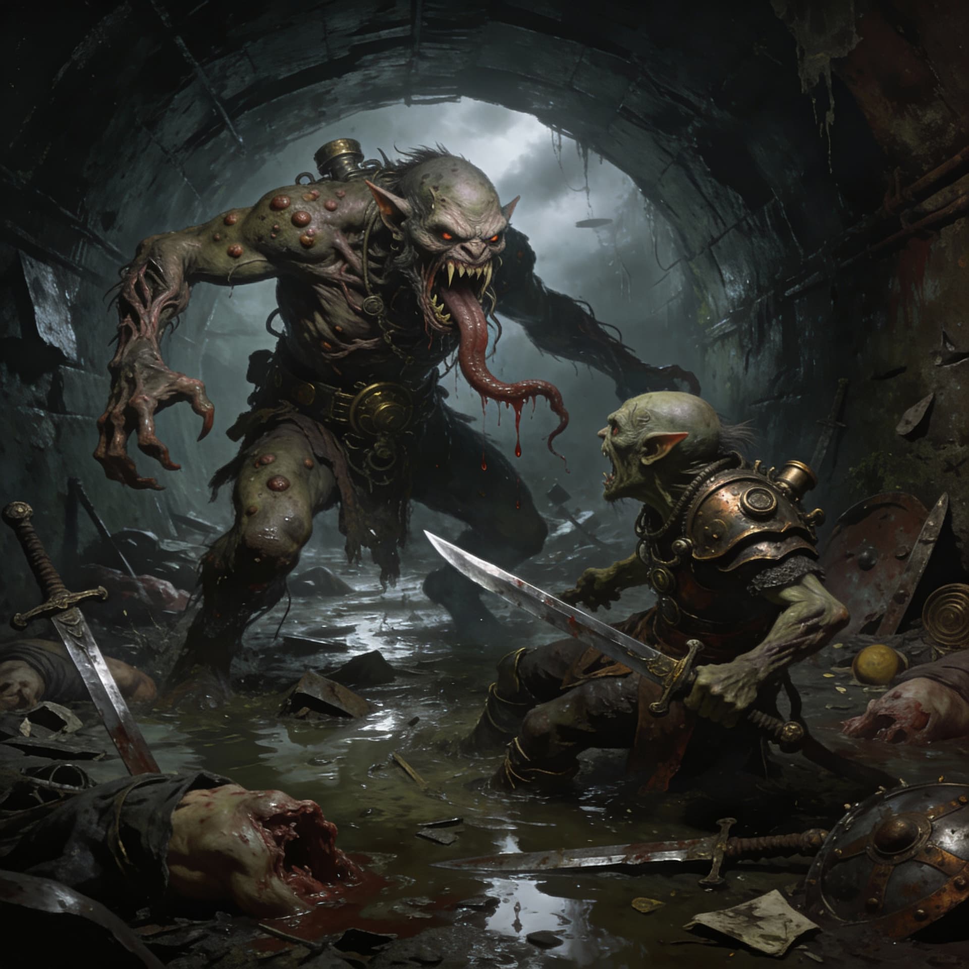 AI generated: Create a fight between a grotesque steampunk Orc with long snarling twisted teeth, a long tongue dri...