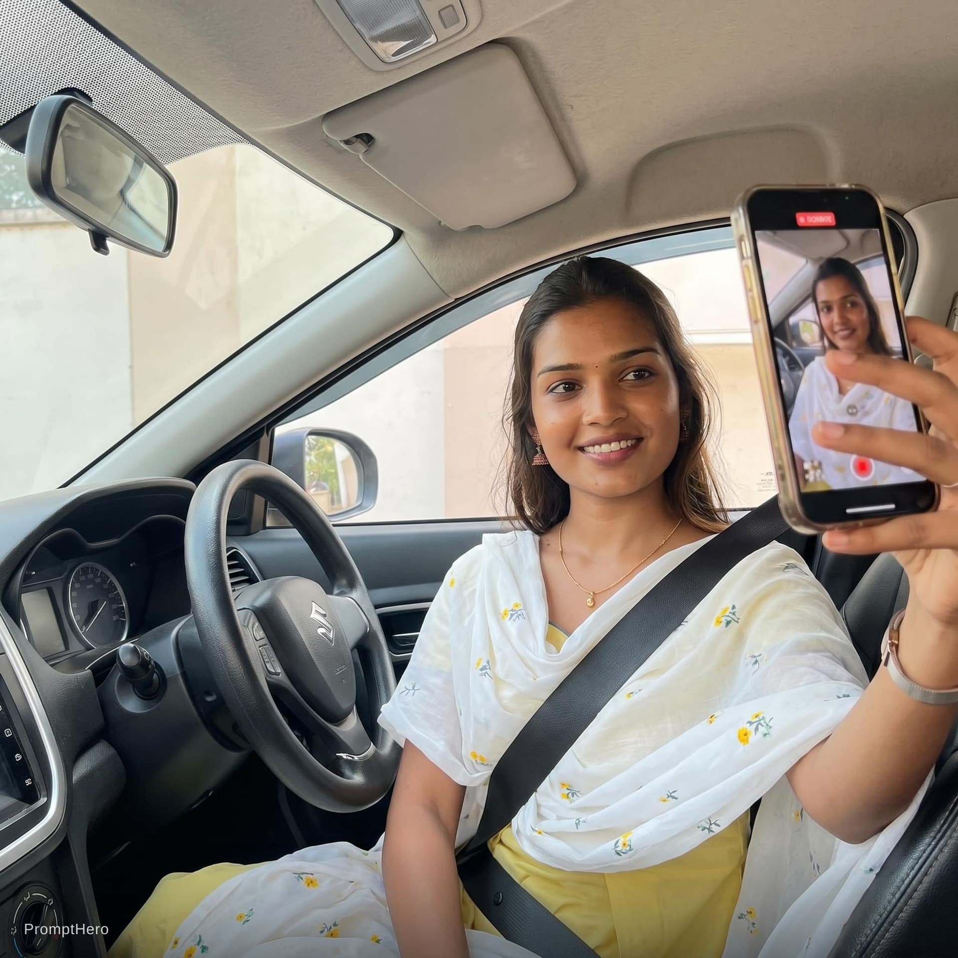 AI generated: this woman, but inside the car in the driver's seat, recording herself in selfie mode