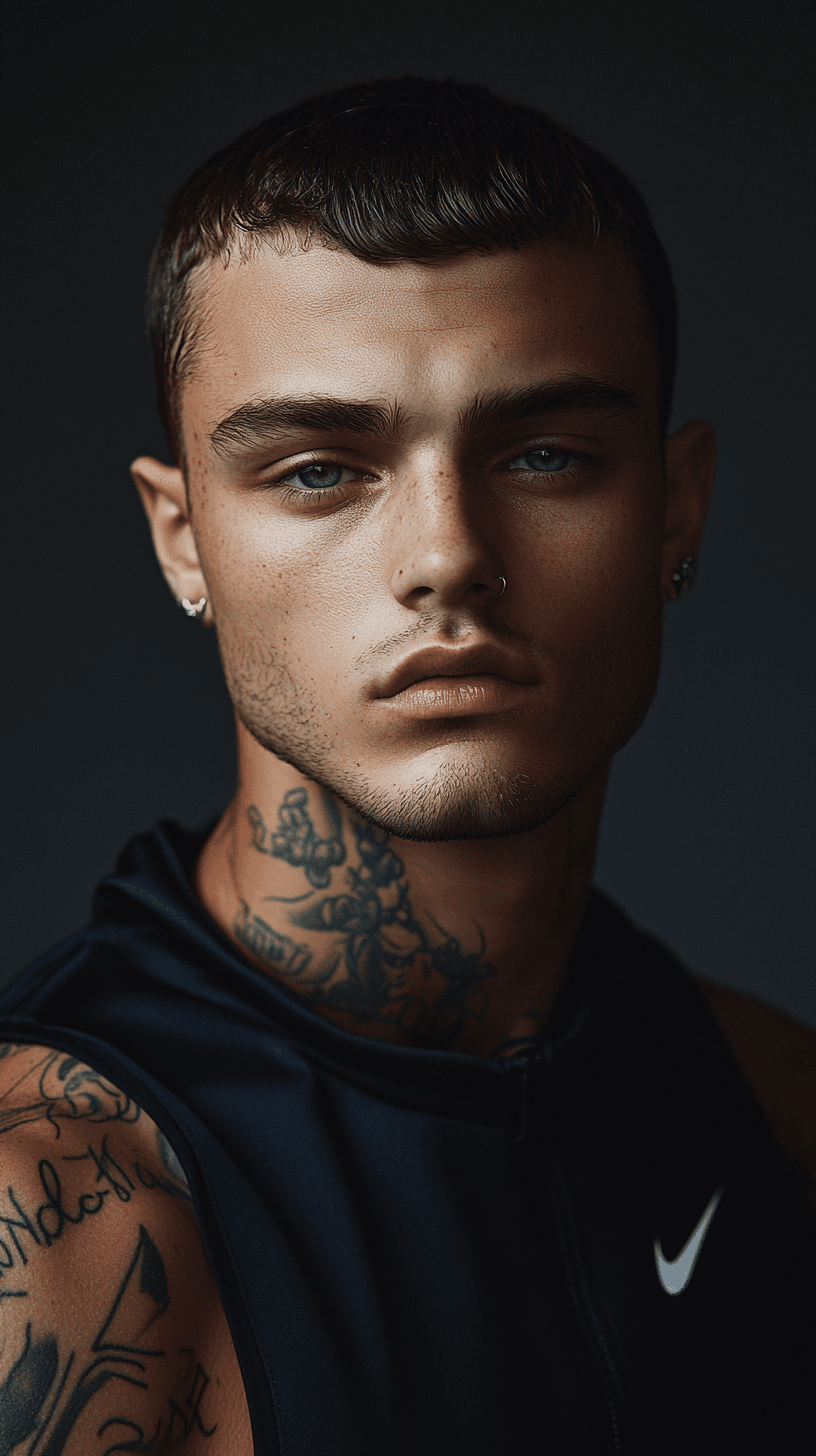 AI generated: Symetrical ultra Closeup of a dope faced tattoed model, dark mirror glazed Nike sport outfit, Minima...