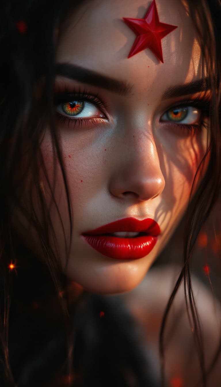 AI generated: Crie um retrato fotorrealista de uma mulher com olhos pretos e maquiagem baton vermelho, e arte de m...