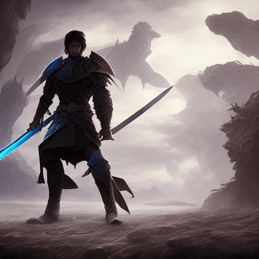 AI generated: A young warrior stands alone against a horde of shadow creatures, his sword glowing with faint blue ...