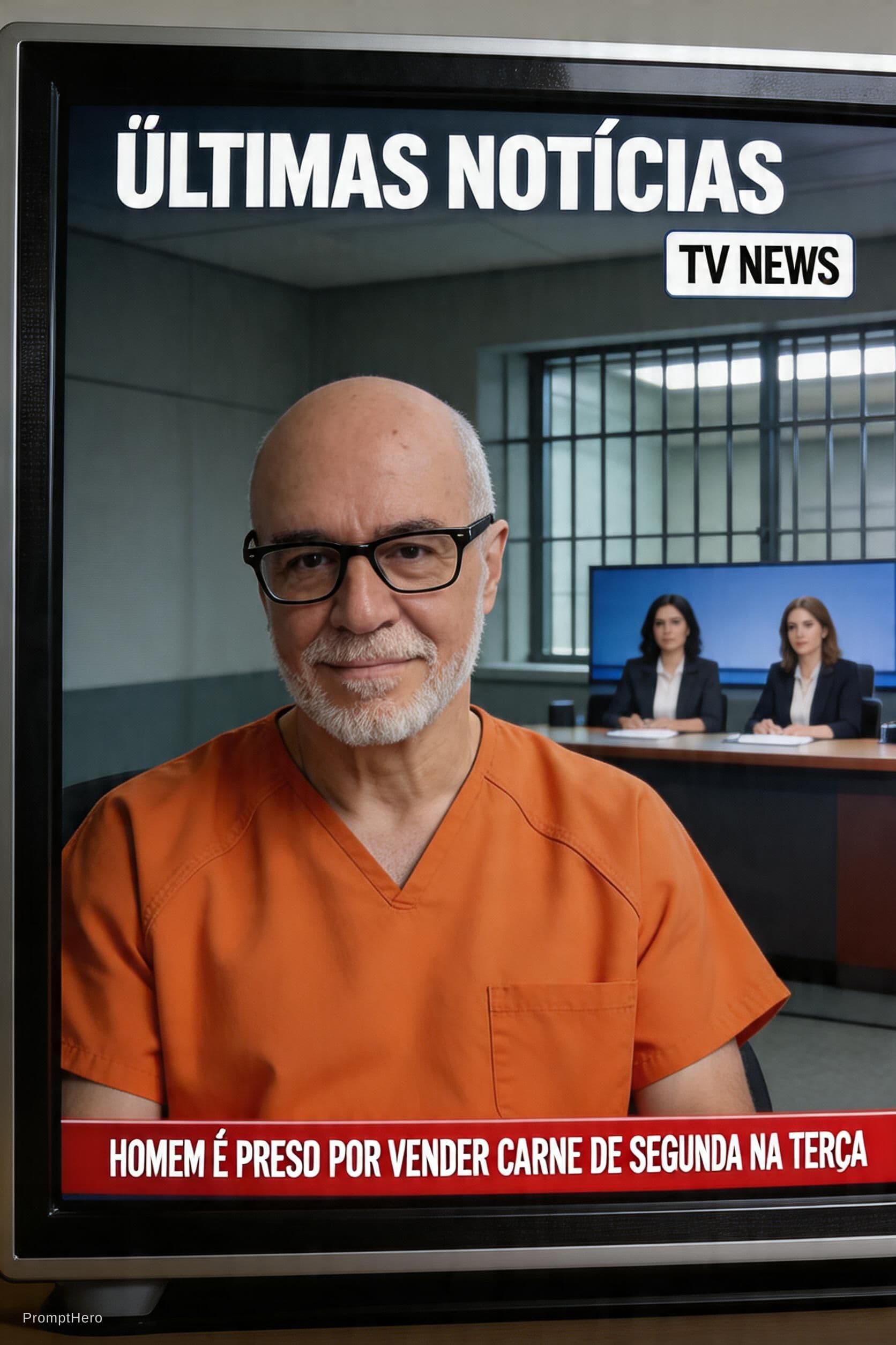 AI generated: Captura de tela de TV, transmissão de notícias de última hora ultrarrealista, televisão física sendo...