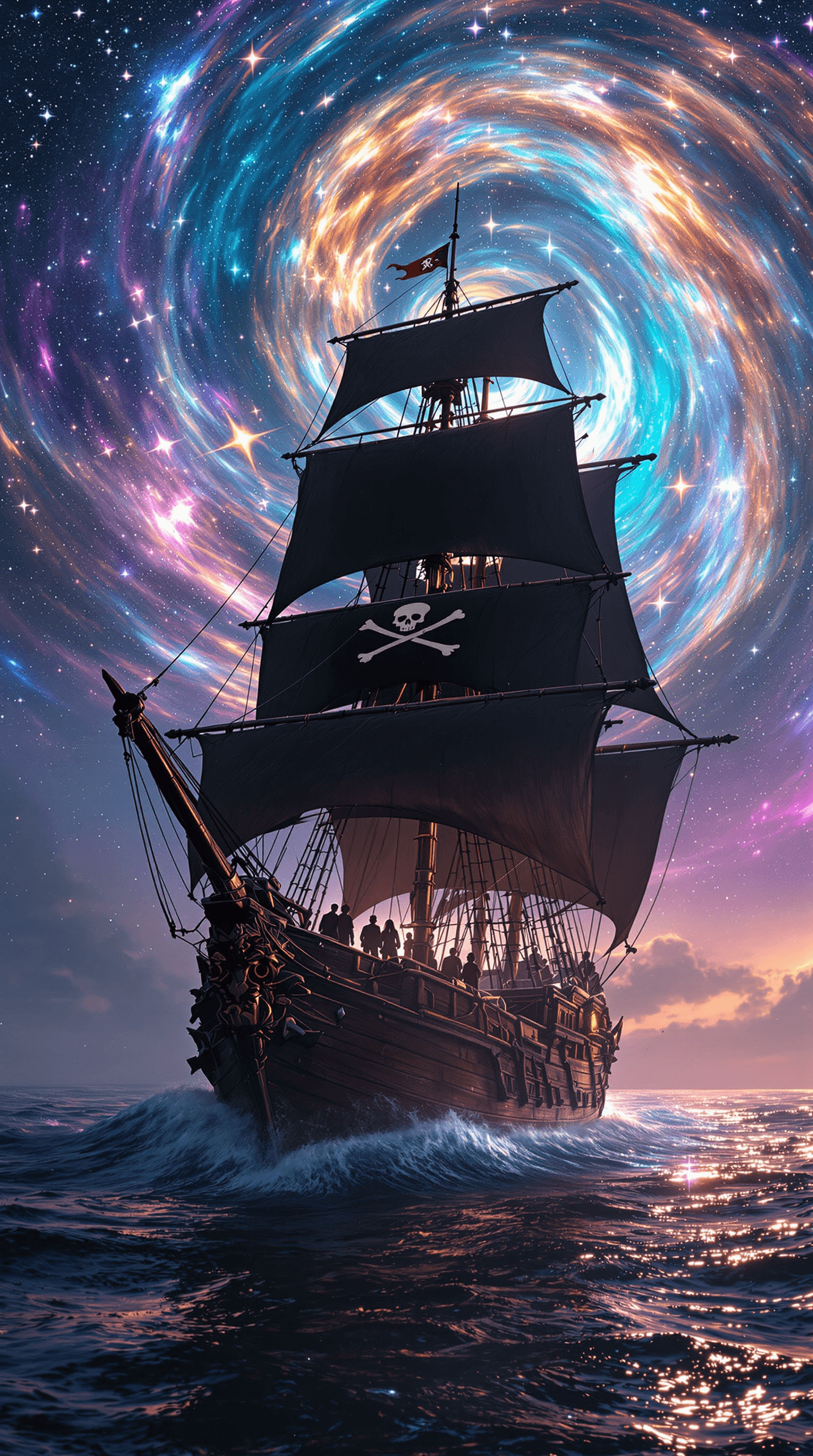 AI generated: An **epic, ultra-high-definition 4K scene** of a **majestic pirate ship**, its **towering black sail...
